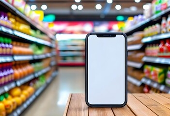 A smartphone with a blank screen sits on a wooden table in a brightly lit supermarket aisle, showcasing a modern shopping experience.