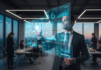 Futuristic business professional analyzes complex data on an interactive holographic display, visualizing market trends and strategic insights in a modern office environment