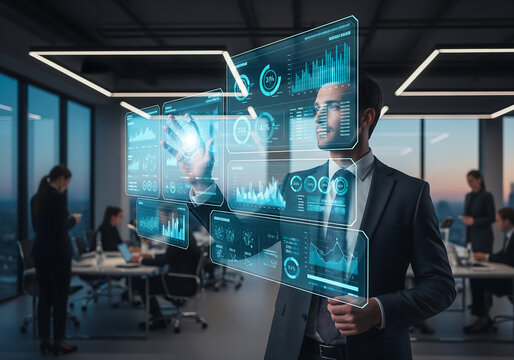 Futuristic business professional analyzes complex data on an interactive holographic display, visualizing market trends and strategic insights in a modern office environment