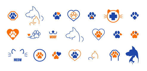 Pet friendly two-tone icon set. Dog and Cat Pet Shop, veterinary. Vector blue and orange  logotype, illustration. 