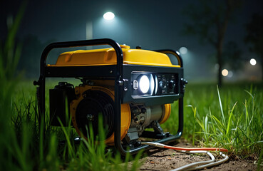 Yellow portable generator operates outdoors at night, providing electricity. Compact engine framed by sturdy metal structure, ready for emergency power needs. Streetlights glow in blurred background,