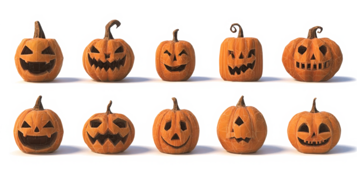 calabaza naranja de halloween con cara de terror sobre fondo trasparente. Concepto celebraciones, decoraciones
