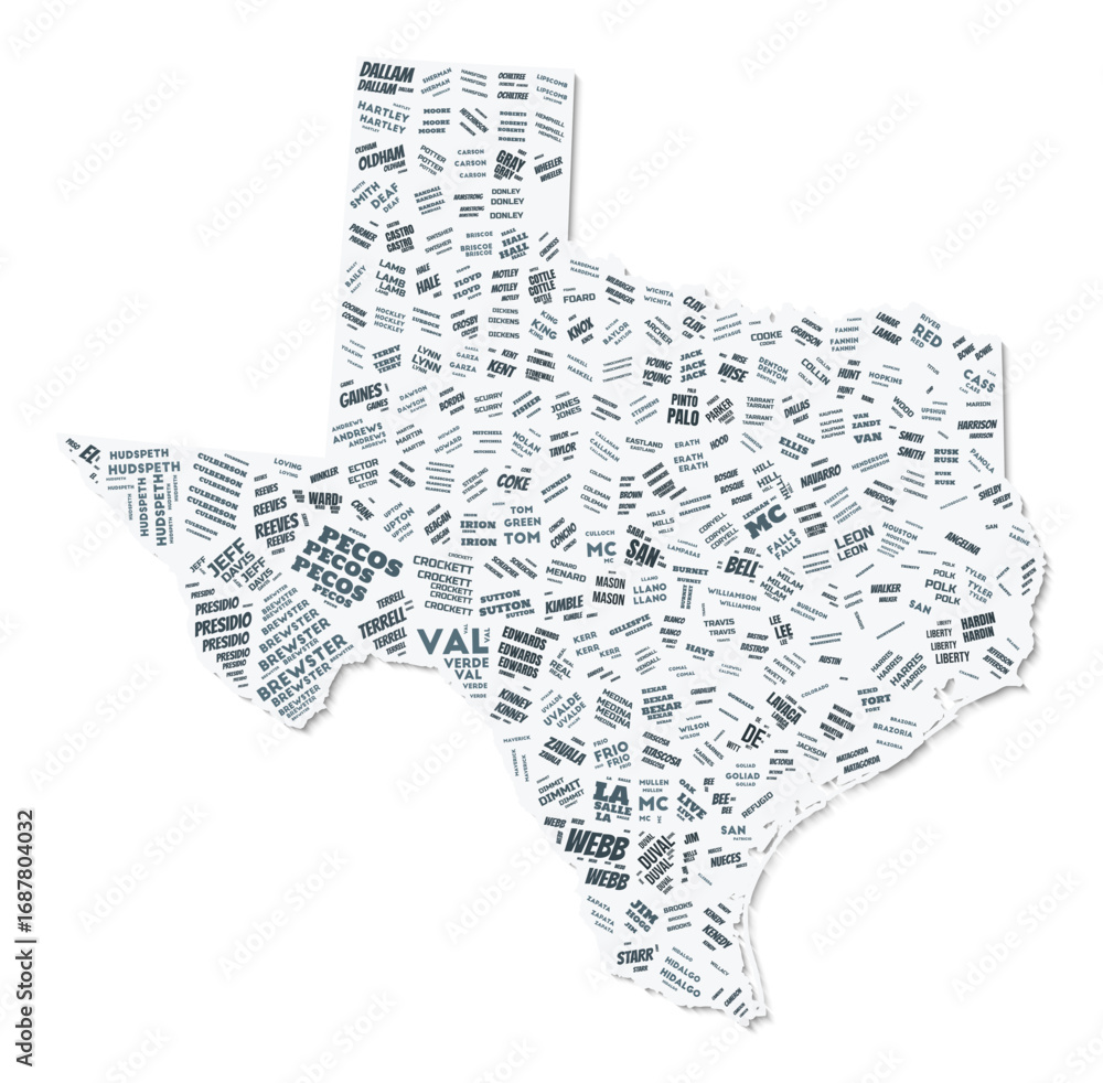 Poster texas shape text cloud. state border with shadow on white background. texas with counties division i