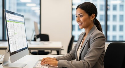 A businesswoman in a gray blazer smiles while working on a spreadsheet on a desktop computer in a modern office