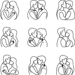 Continuous Line Couple Kiss Silhouette Icon Vector Minimalist Line Art Romantic Couple Kiss Design