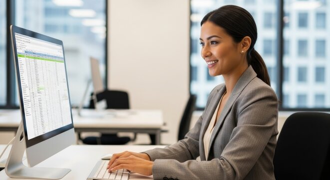 A businesswoman in a gray blazer smiles while working on a spreadsheet on a desktop computer in a modern office