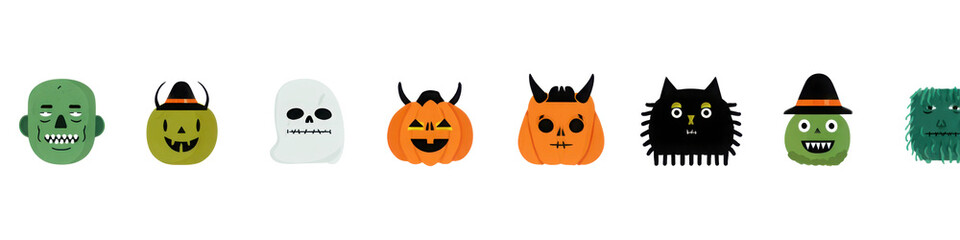 Obraz premium Set of creepy halloween monster face portrait cartoon illustration. Modern flat comic doodle collection on isolated background. Includes witch woman, black cat, zombie and carved pumpkin