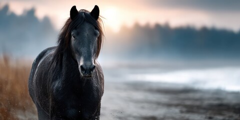 Fototapeta premium Majestic black horse walking along the shoreline at dawn surrounded by mist and nature's tranquility