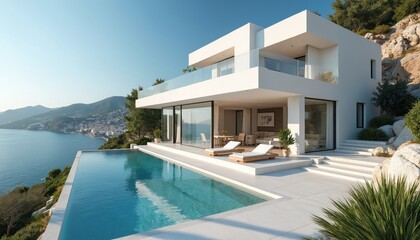Fototapeta premium Modern luxury villa with infinity pool overlooks scenic coastline. Contemporary architecture features spacious rooms, clean lines, and panoramic sea views from terrace deck.
