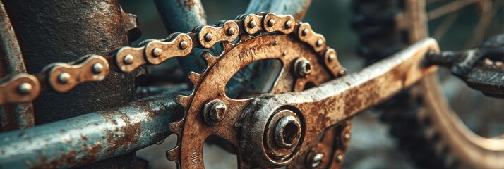 Detail of a rustic bicycle chain and crankset in a worn condition highlighting vintage craftsmanship and wear
