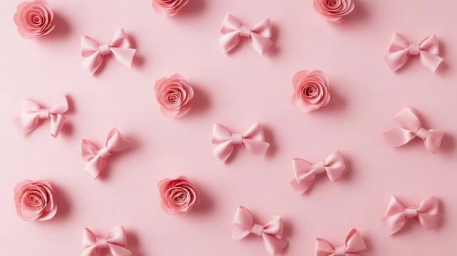 Elegant arrangement of pink roses and satin bows on pastel background