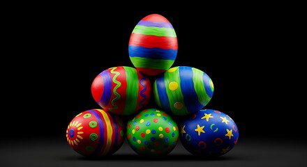 Fototapeta premium Colorful easter eggs stacked pyramid shape against black background