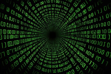a background of green binary code on black, with the numbers one and zero falling across it in an endless pattern Generative AI