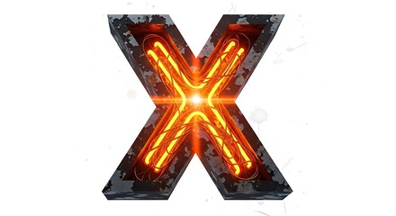 Letter x illuminated with glowing orange filaments and dark metallic edges