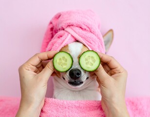 Dog getting a spa treatment with cucumbers