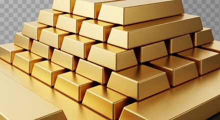 A large stack of shiny gold bars arranged in a pyramid shape