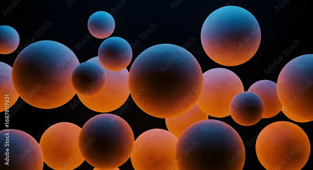 Poster futuristic 3d render of abstract spheres floating in dark space with gradient colors, representing m