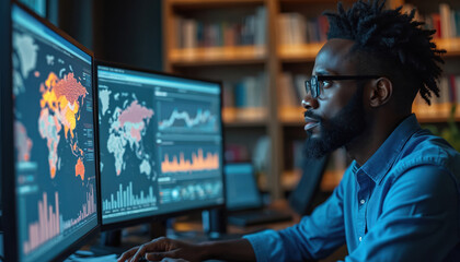 Fototapeta na wymiar Black demographer analyzes global population data on computer screens displaying digital maps, charts in research center office. Focused professional with afro hairstyle, glasses concentrates on