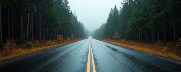 Wet asphalt road winds through dense pine forest after rain. Yellow double lines mark the path disappearing into misty fog. Autumnal landscape features trees with green, yellow, and brown foliage.