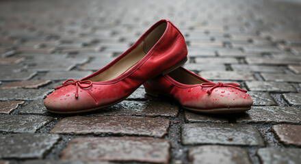 Red ballet flats on cobblestone street after rain for fashion or storytelling use