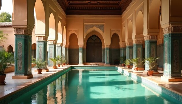 Traditional hammam interior with intricate Moroccan architecture, serene turquoise pool. Elegant tiled columns, arches create peaceful, opulent ambience. Luxurious spa retreat offers relaxation,