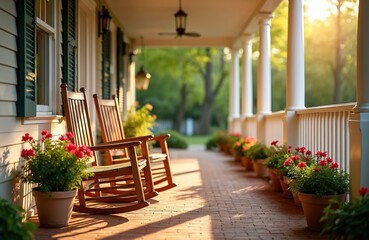 Obraz premium Charming wooden rocking chairs await on sunlit porch adorned with vibrant potted plants. Inviting veranda offers peaceful scene of home decor, relaxation. Rich plants, blooming flowers create serene