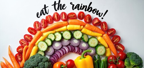 Illustration features vegetables arranged in vibrant rainbow shape with text. Colorful assortment includes broccoli, radish, tomatoes, cucumber, bell pepper, carrot, lettuce. Promotes healthy eating