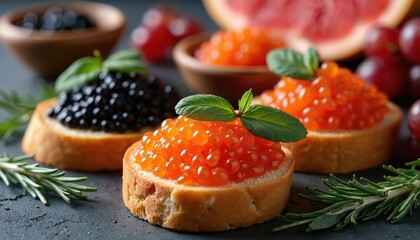Close-up illustration gourmet canapes featuring lumpfish caviar in black, vibrant orange shades. Served on toasted bread slices with fresh mint leaves, rosemary sprigs, appetizers offer delicious,