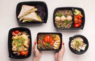 Healthy lunch. Tasty food in different boxes for day ration in woman hands