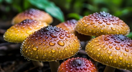 Vibrant, dew-kissed mushrooms glisten in a lush forest setting, showcasing nature's intricate beauty
