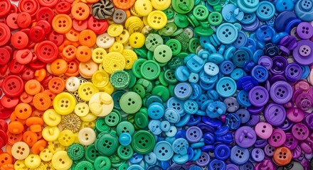 Vibrant rainbow of assorted buttons creating a colorful and creative craft or sewing art background