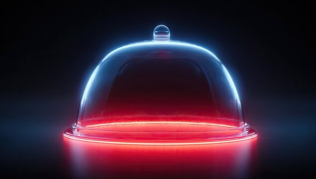 Empty glass cloche, neon blue & red glow