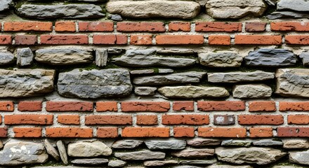 Rustic stone and brick wall texture with moss, perfect for architectural backgrounds and vintage designs