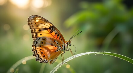 Obraz premium Close up of a beautiful orange butterfly resting on a dewy green leaf