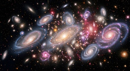 Stunning cosmic ballet features vibrant galaxies swirling through deep space with radiant stars