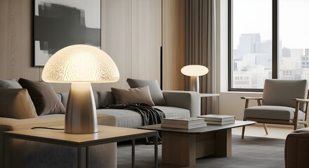 Elegant modern living room with stylish mushroom lamp, soft seating, and city view