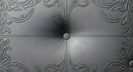 Elegant grey leather texture with ornate embossed floral patterns and button tufting