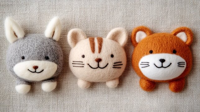 Three cute needle felted animals smiling on gray background