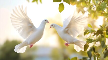 Two white doves flying together near green leaves