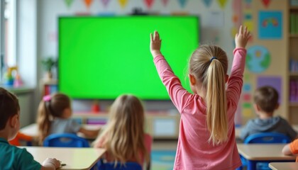 Preschool girl raises hand in classroom, seeking answer. Children learn before green screen display. Focus on student engagement, interactive lessons, technology in education, early childhood