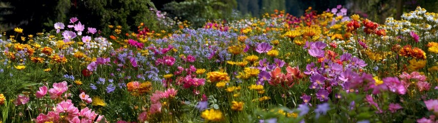 Obraz premium Blooming spring garden colorful wildflower showcase nature landscape vibrant environment panoramic view