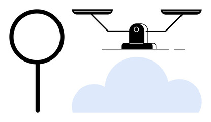 Magnifying glass linked to balance scale over a cloud, signaling justice, exploration, technology. Ideal for search, decision-making, justice, AI law research and digital concepts. Simple flat