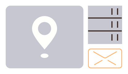 Location marker next to server racks and an envelope icon representing connectivity and communication. Ideal for themes thumbs up technology, navigation, data center, storage, delivery, email
