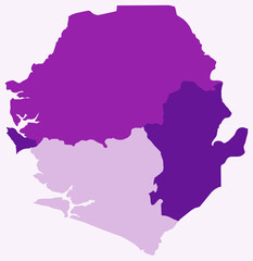 Map of Sierra Leone with regions. Just a simple country border map with region division. Purple color palette. Blank Sierra Leone shape with administrative division. Vector illustration.