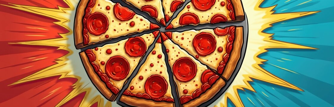 Vibrant pop art pepperoni pizza slice with melted cheese, comic book style. Bold, colorful background with dynamic rays. Eye-catching banner perfect for fast food promotions and advertising. - Powered by Adobe