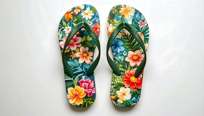 Colorful floral flip-flops on white background