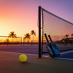 Scenic Pickleball Court at Sunset with Paddles and Ball, Palm Trees Silhouette, Vibrant Outdoor Sports Background
