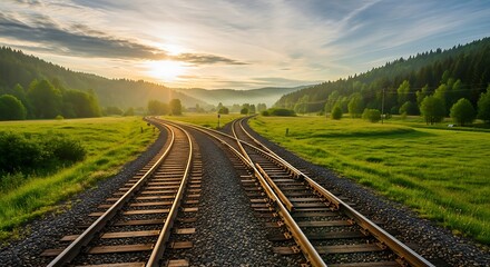 Fototapeta premium Train tracks diverging in a lush green valley at sunrise