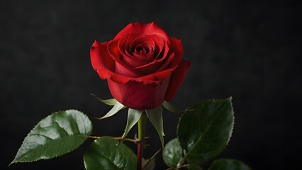 Fototapeta premium Elegant Red Rose Closeup with Stem and Leaves on Dark Background