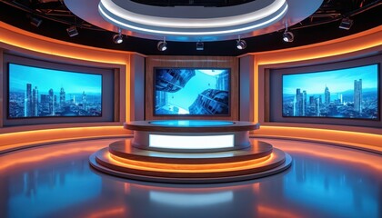 Modern news studio features sleek desk, vibrant lighting, digital screens displaying cityscapes. Pro broadcast set designed for television news programs, creating futuristic, engaging media